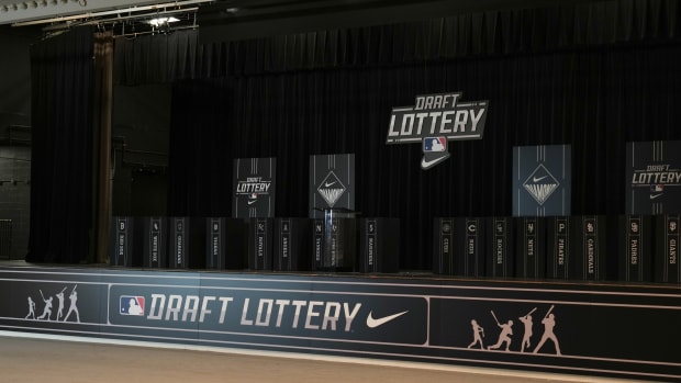 Dec 4, 2023; Nashville, TN, USA; A view of the Draft Lottery stage at the 2023 MLB Winter Meetings. Mandatory Credit: Kyle Schwab-USA TODAY Sports  